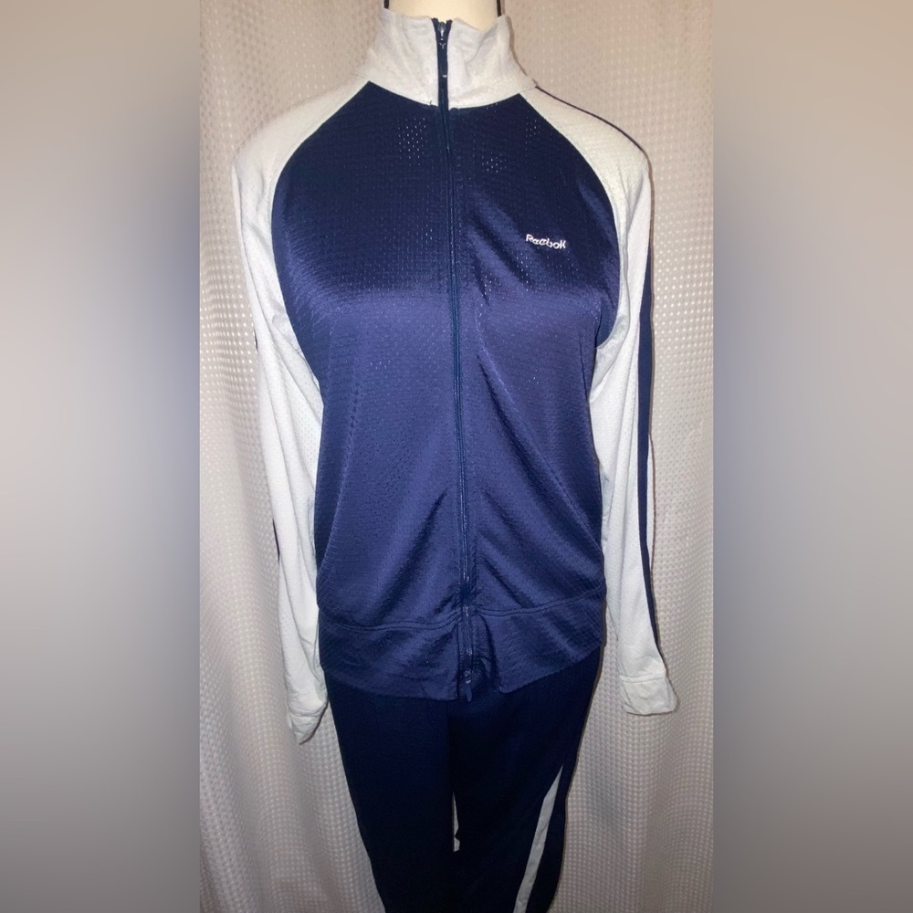 Vintage REEBOK Y2K navy blue&white 2 pcs‎ set tracksuit Jacket&pants Sz Medium